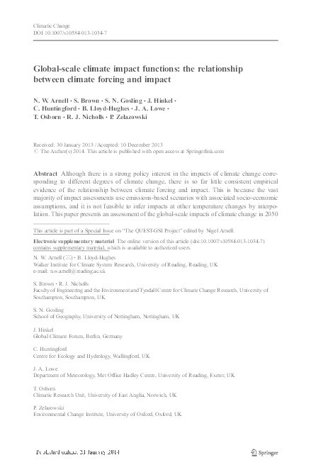 Global-scale climate impact functions: the relationship between climate forcing and impact Thumbnail