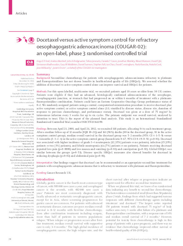 Docetaxel versus active symptom control for refractory oesophagogastric adenocarcinoma (COUGAR-02): an open-label, phase 3 randomised controlled trial Thumbnail