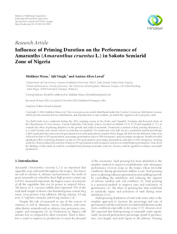 Influence of priming duration on the performance of Amaranths (Amaranthus cruentus L.) in Sokoto semiarid zone of Nigeria Thumbnail