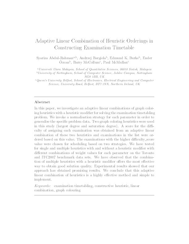 Adaptive linear combination of heuristic orderings in constructing examination timetables Thumbnail