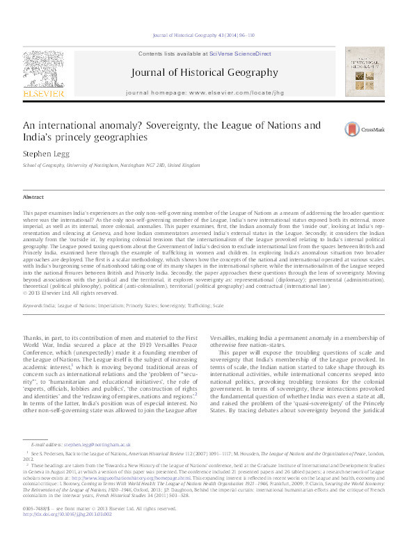 An international anomaly? Sovereignty, the League of Nations, and India's princely geographies Thumbnail