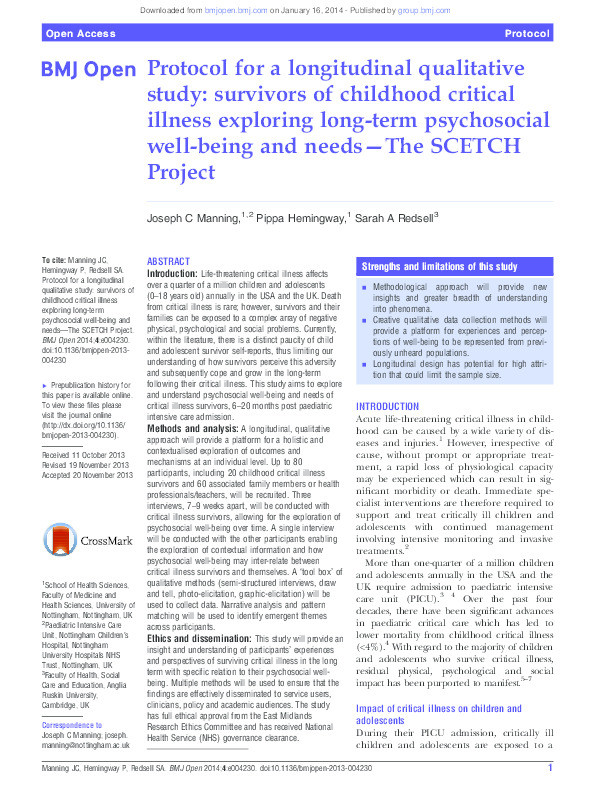 Protocol for a longitudinal qualitative study: survivors of childhood critical illness exploring long-term psychosocial well-being and needs—The SCETCH Project Thumbnail