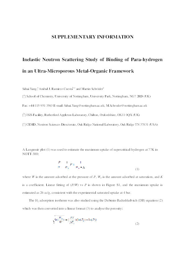 Inelastic neutron scattering study of binding of para-hydrogen in an ultra-microporous metal-organic framework Thumbnail