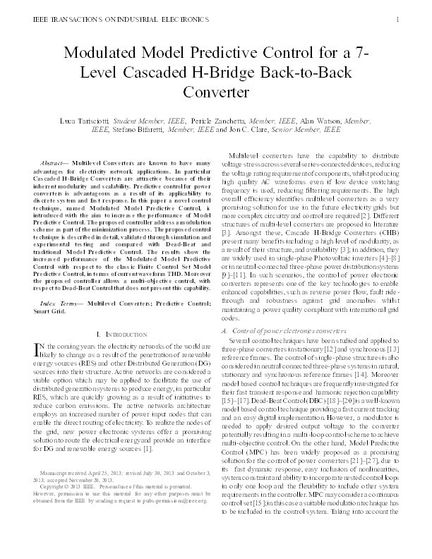 Modulated model predictive control for a 7-level cascaded h-bridge back-to-back converter Thumbnail