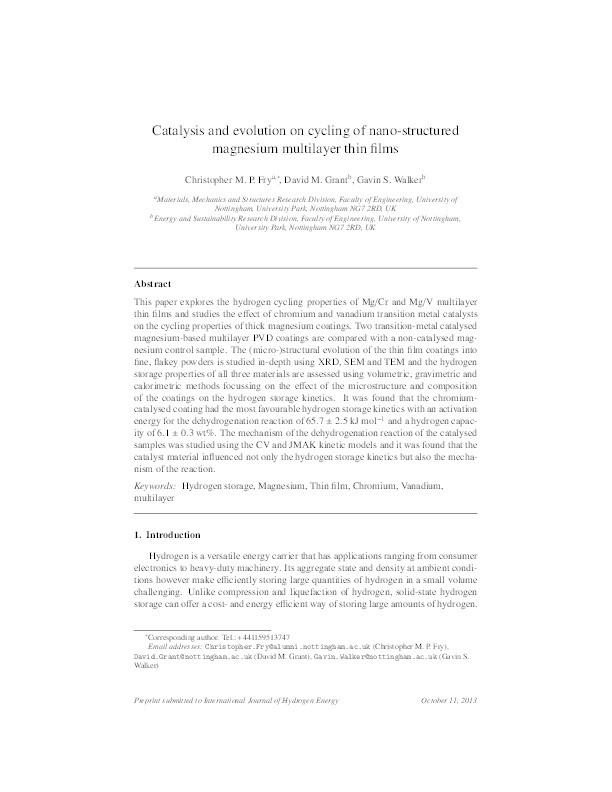 Catalysis and evolution on cycling of nano-structured magnesium multilayer thin films Thumbnail