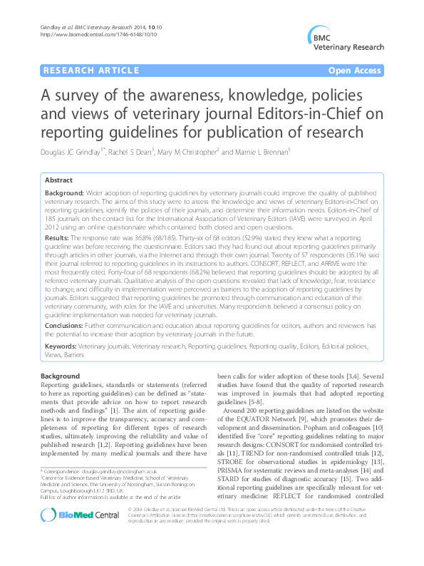 A survey of the awareness, knowledge, policies and views of veterinary journal Editors-in-Chief on reporting guidelines for publication of research Thumbnail