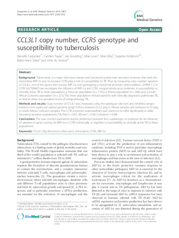CCL3L1 copy number, CCR5 genotype and susceptibility to tuberculosis Thumbnail