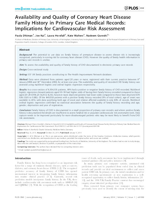 Availability and quality of coronary heart disease family history in primary care medical records: implications for cardiovascular risk assessment Thumbnail