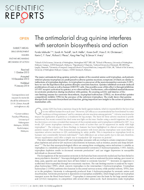 The antimalarial drug quinine interferes with serotonin biosynthesis and action Thumbnail