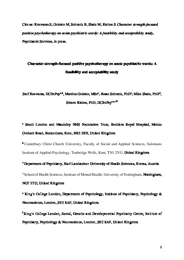 Character Strength-Focused Positive Psychotherapy on Acute Psychiatric Wards: A Feasibility and Acceptability Study Thumbnail