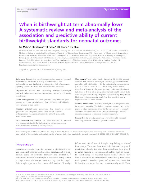 When is birthweight at term abnormally low?: a systematic review and meta-analysis of the association and predictive ability of current birthweight standards for neonatal outcomes Thumbnail