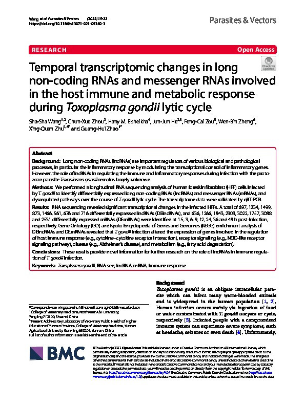 Temporal transcriptomic changes in long non-coding RNAs and messenger RNAs involved in the host immune and metabolic response during Toxoplasma gondii lytic cycle Thumbnail