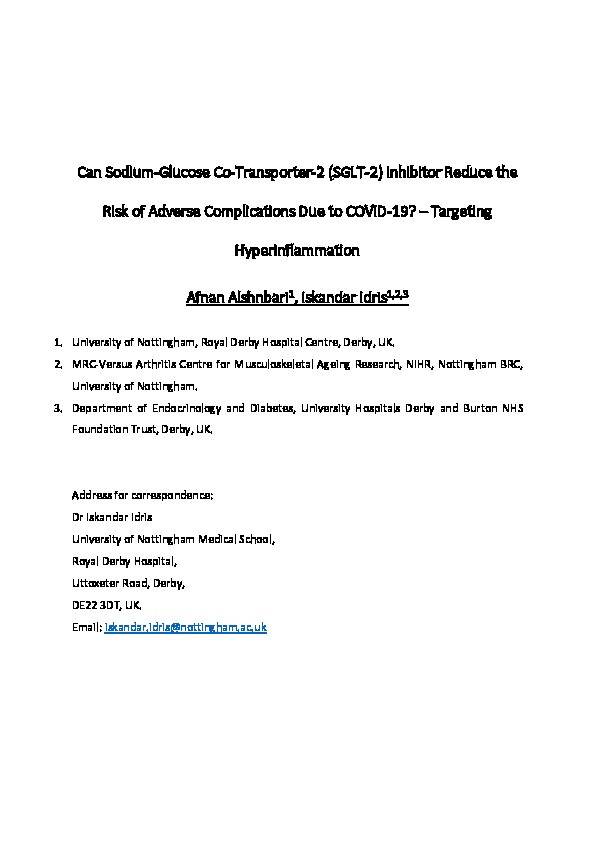 Can sodium-glucose co-transporter-2 (SGLT-2) inhibitor reduce the risk of adverse complications due to COVID-19?–Targeting hyperinflammation Thumbnail