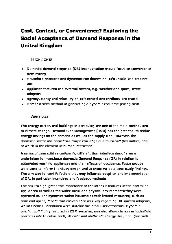Cost, context, or convenience? Exploring the social acceptance of demand response in the United Kingdom Thumbnail