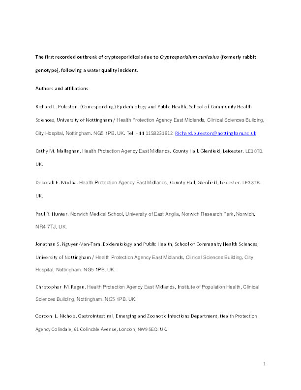 The first recorded outbreak of cryptosporidiosis due to Cryptosporidium cuniculus (formerly rabbit genotype), following a water quality incident Thumbnail