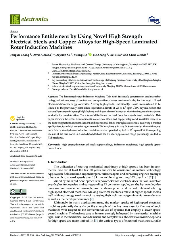 Performance Entitlement by Using Novel High Strength Electrical Steels and Copper Alloys for High-Speed Laminated Rotor Induction Machines Thumbnail
