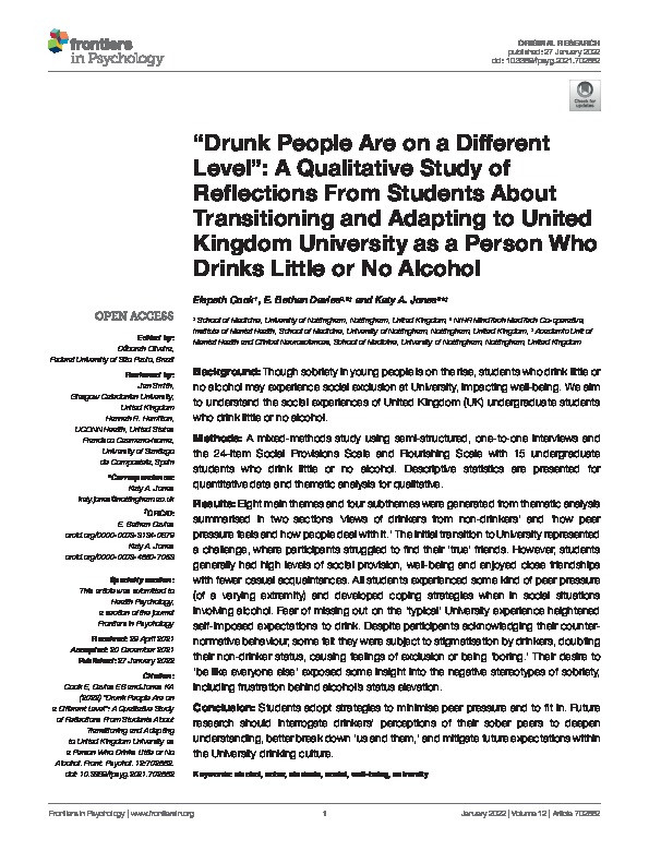 “Drunk People Are on a Different Level”: A Qualitative Study of Reflections From Students About Transitioning and Adapting to United Kingdom University as a Person Who Drinks Little or No Alcohol Thumbnail