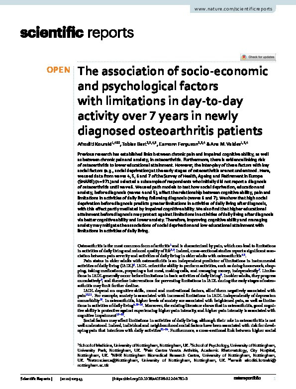 The association of socio-economic and psychological factors with limitations in day-to-day activity over 7 years in newly diagnosed osteoarthritis patients Thumbnail