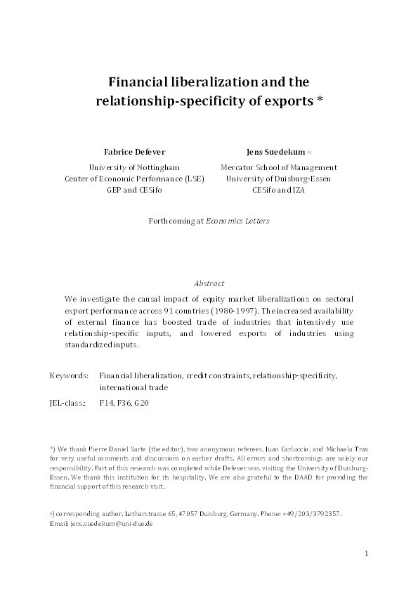 Financial liberalization and the relationship-specificity of exports Thumbnail