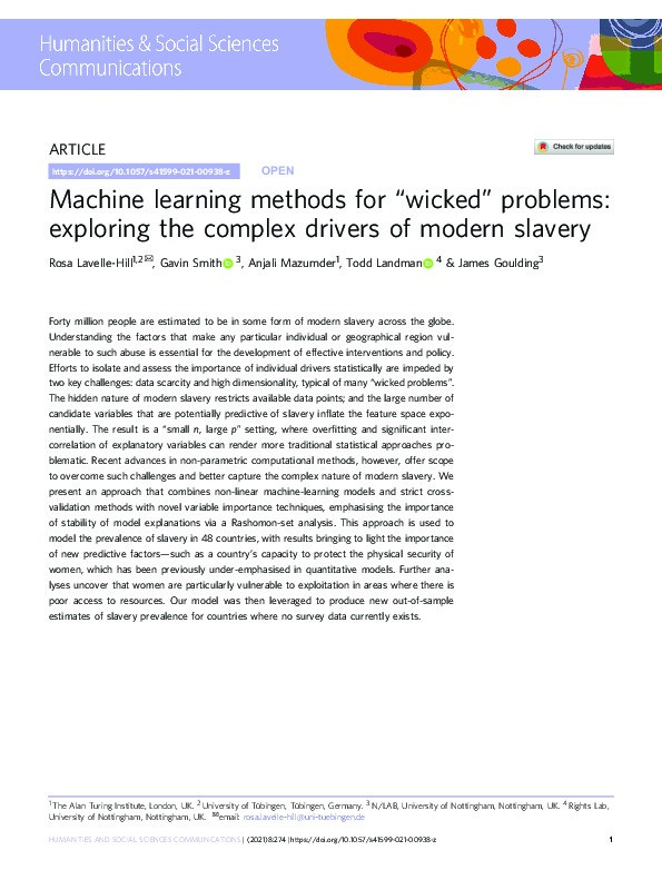 Machine learning methods for “wicked” problems: exploring the complex drivers of modern slavery Thumbnail