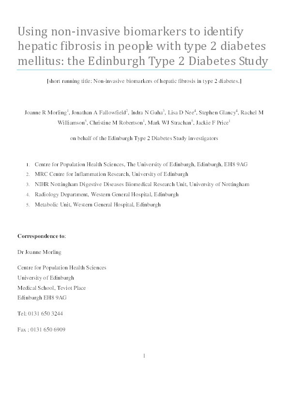 Using non-invasive biomarkers to identify hepatic fibrosis in people with type 2 diabetes mellitus: The Edinburgh type 2 diabetes study Thumbnail