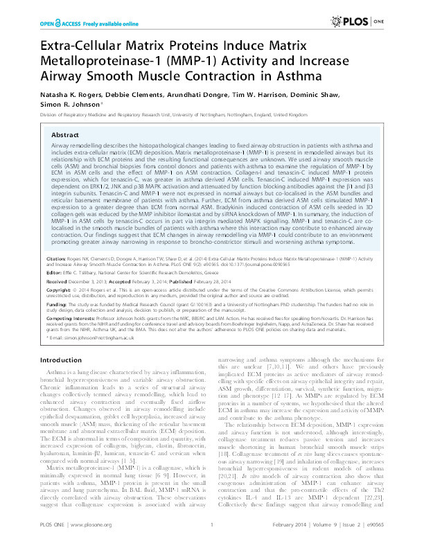 Extra-Cellular Matrix Proteins Induce Matrix Metalloproteinase-1 (MMP-1) Activity and Increase Airway Smooth Muscle Contraction in Asthma Thumbnail