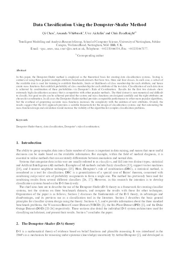 Data classification using the Dempster-Shafer method Thumbnail