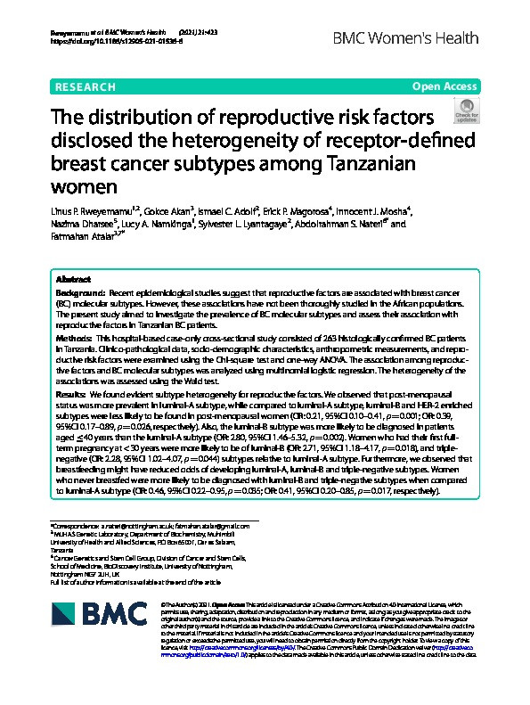 The distribution of reproductive risk factors disclosed the heterogeneity of receptor-defined breast cancer subtypes among Tanzanian women Thumbnail