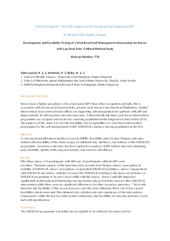 Development and Feasibility Testing of a Web Based Self-Management Intervention for Nurses with Low Back Pain: A Mixed Method Study Thumbnail