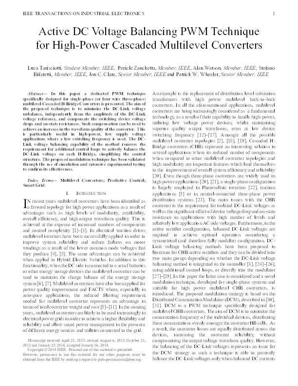 Active DC voltage balancing PWM technique for high-power cascaded multilevel converters Thumbnail