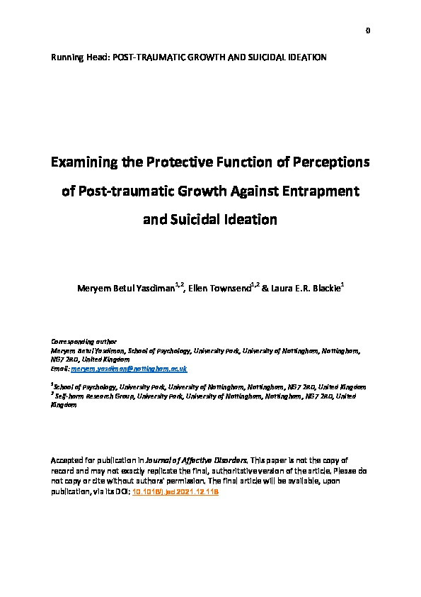 Examining the protective function of perceptions of post-traumatic growth against entrapment and suicidal ideation Thumbnail