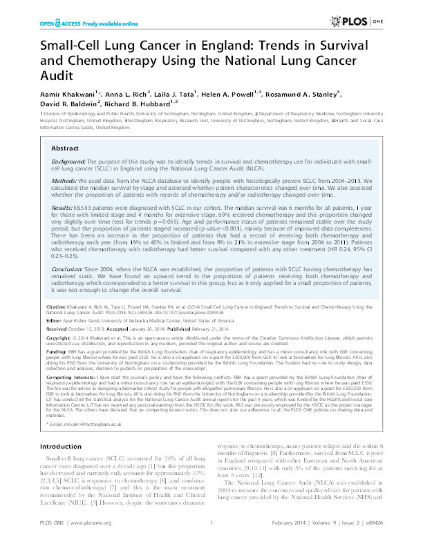 Small-Cell Lung Cancer in England: Trends in Survival and Chemotherapy Using the National Lung Cancer Audit Thumbnail