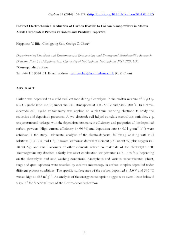 Indirect electrochemical reduction of carbon dioxide to carbon nanopowders in molten alkali carbonates: Process variables and product properties Thumbnail