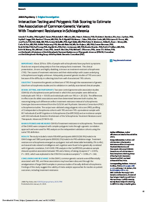 Interaction Testing and Polygenic Risk Scoring to Estimate the Association of Common Genetic Variants with Treatment Resistance in Schizophrenia Thumbnail