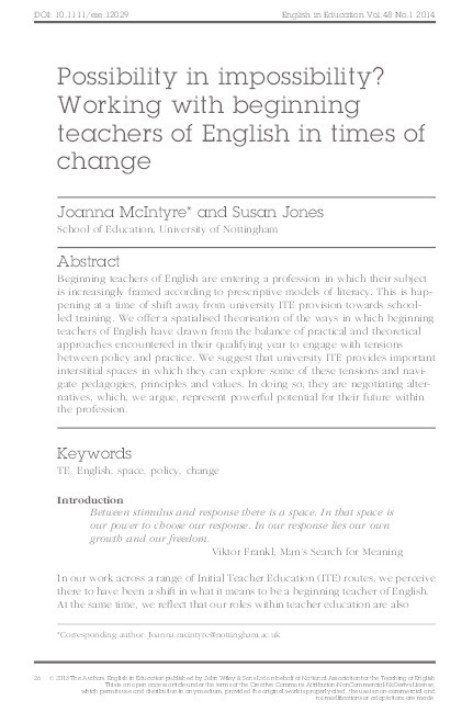 Possibility in impossibility?: working with beginning teachers of English in times of change Thumbnail