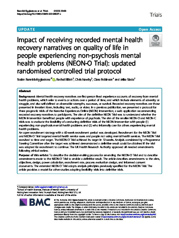 Impact of receiving recorded mental health recovery narratives on quality of life in people experiencing non-psychosis mental health problems (NEON-O Trial): updated randomised controlled trial protocol Thumbnail