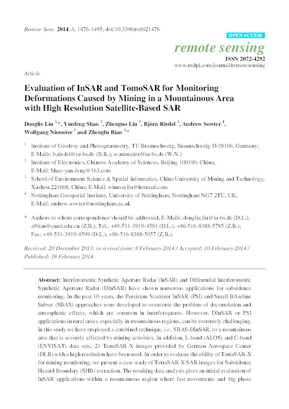 Evaluation of InSAR and TomoSAR for monitoring deformations caused by mining in a mountainous area with high resolution satellite-based SAR Thumbnail