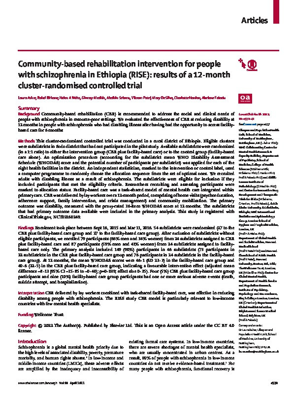 Community-based rehabilitation intervention for people with schizophrenia in Ethiopia (RISE): results of a 12-month cluster-randomised controlled trial Thumbnail