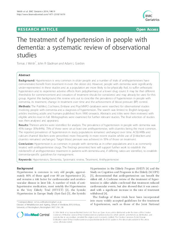 The treatment of hypertension in people with dementia: a systematic review of observational studies Thumbnail