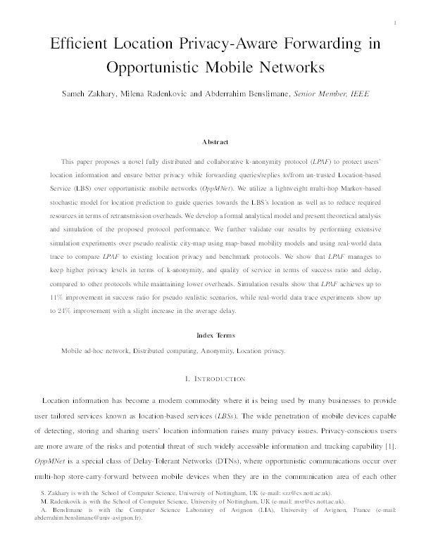 Efficient Location Privacy-Aware Forwarding in Opportunistic Mobile Networks Thumbnail