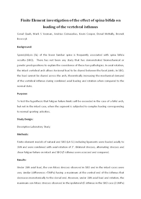 Finite element investigation of the effect of spina bifida on loading of the vertebral isthmus Thumbnail