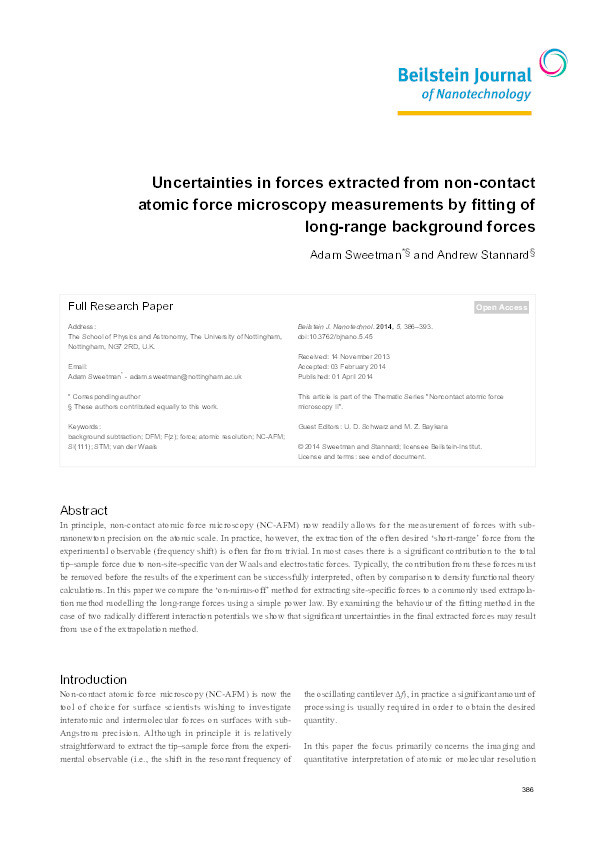 Uncertainties in forces extracted from non-contact atomic force microscopy measurements by fitting of long-range background forces Thumbnail