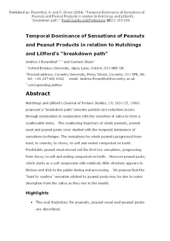 Temporal dominance of sensations of peanuts and peanut products in relation to Hutchings and Lillford’s “breakdown path" Thumbnail