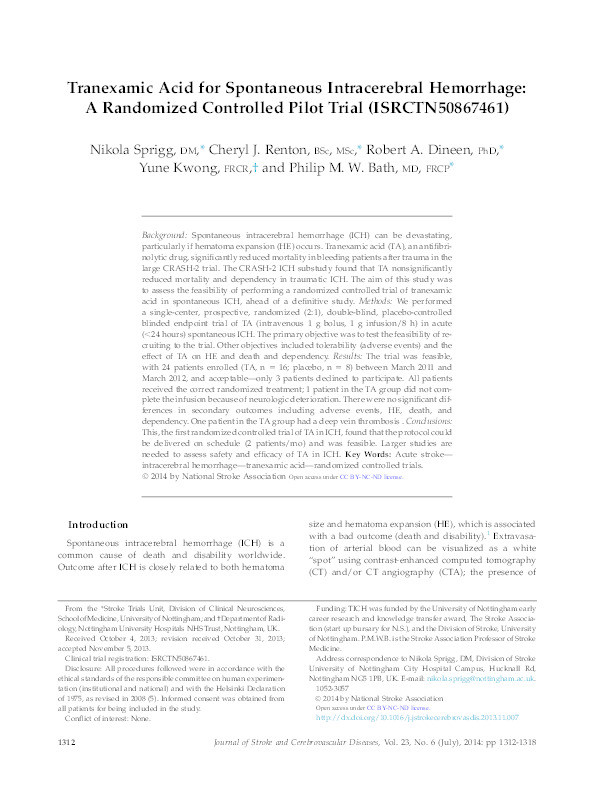 Tranexamic Acid for Spontaneous Intracerebral Hemorrhage: A Randomized Controlled Pilot Trial (ISRCTN50867461) Thumbnail