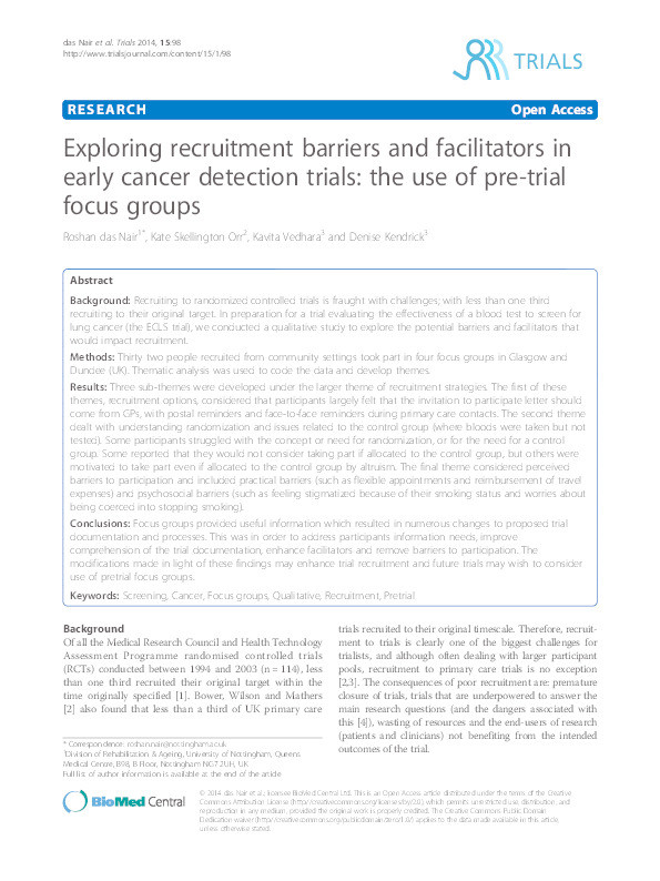 Exploring recruitment barriers and facilitators in early cancer detection trials: the use of pre-trial focus groups Thumbnail