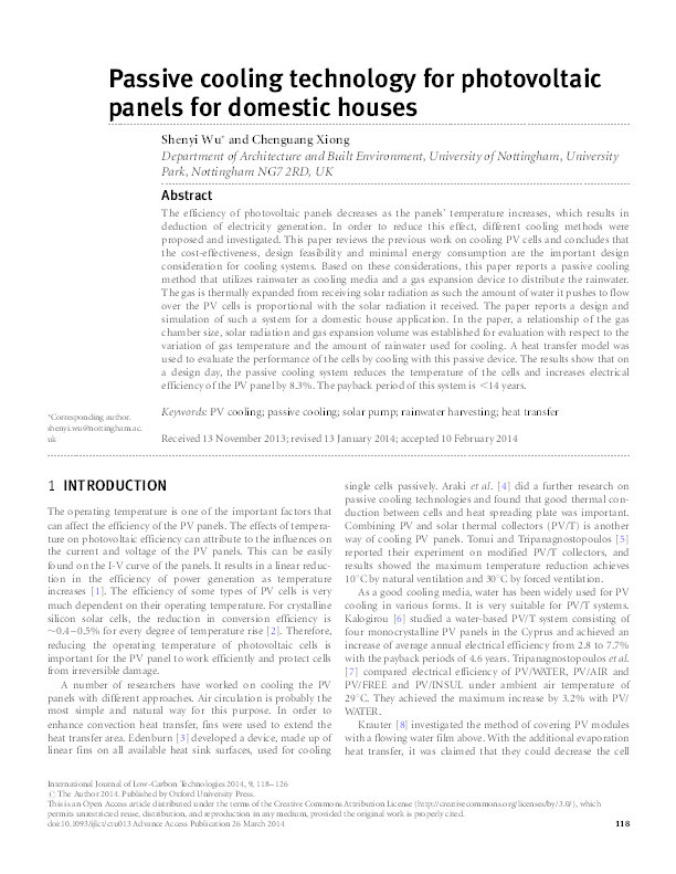 Passive cooling technology for photovoltaic panels for domestic houses Thumbnail
