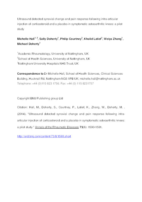 Ultrasound detected synovial change and pain response following intra-articular injection of corticosteroid and a placebo in symptomatic osteoarthritic knees: a pilot study Thumbnail