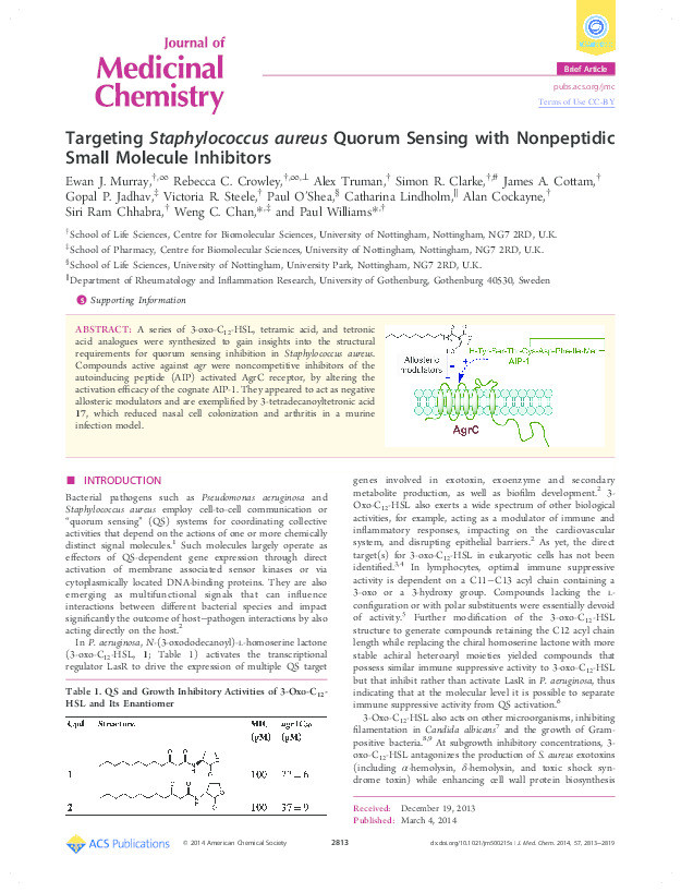Targeting Staphylococcus aureus quorum sensing with nonpeptidic small molecule inhibitors Thumbnail