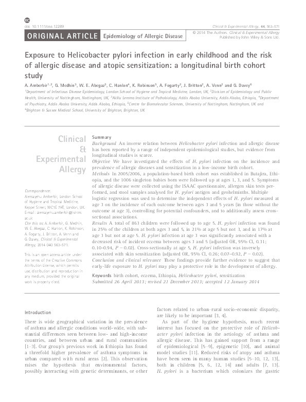 Exposure to Helicobacter pylori infection in early childhood and the risk of allergic disease and atopic sensitization: a longitudinal birth cohort study Thumbnail