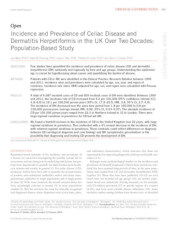 Incidence and prevalence of celiac disease and dermatitis herpetiformis in the UK over two decades: population-based study Thumbnail